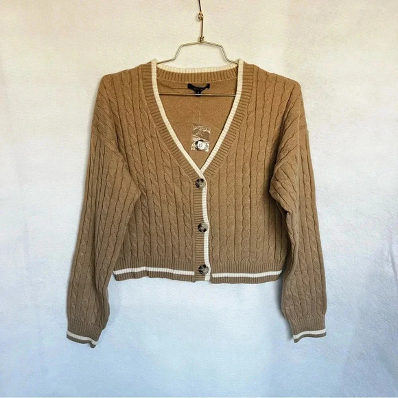 Cardigan Sweater Cable Knit Oversized Boxy Cropped Khaki Brown Long Sleeve Cozy - Picture 1 of 8